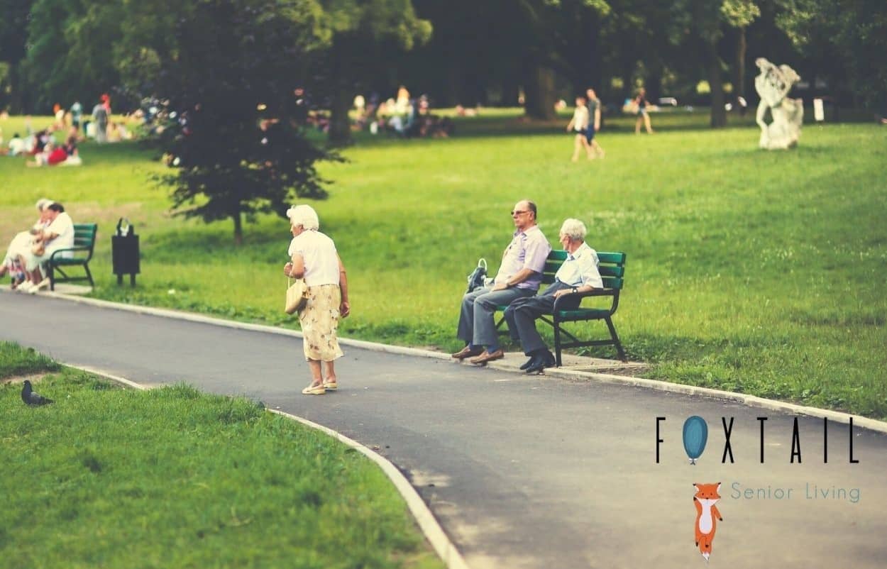 Two senior men sit on a bench, a senior woman walks through a park