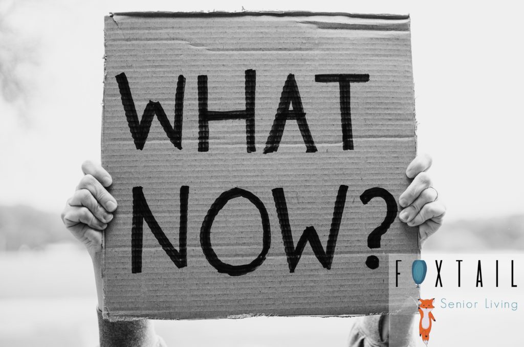 Black and white photo of person holding cardboard sign saying “WHAT NOW?”